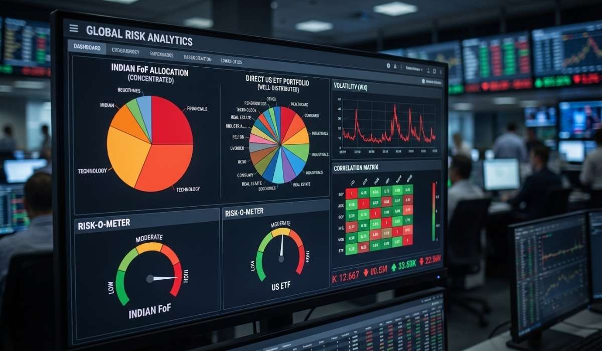 Risk management and sector diversification comparison dashboard for US ETF direct investment versus Indian Fund of Funds concentration risk