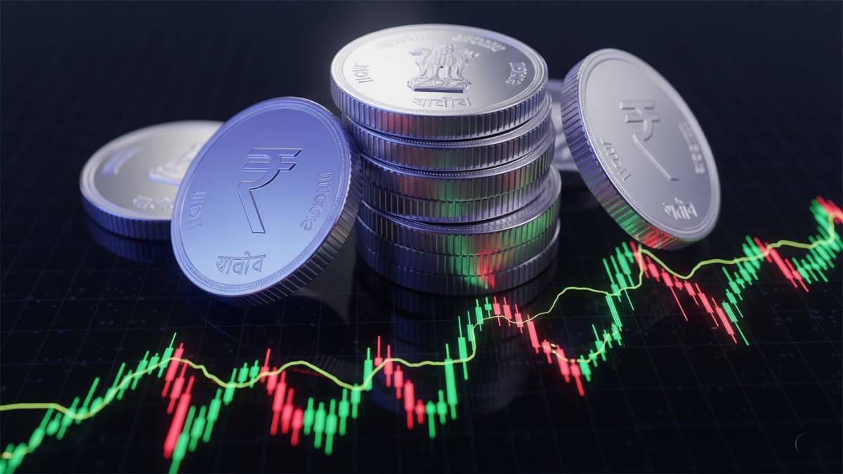 silver coins with stock market chart