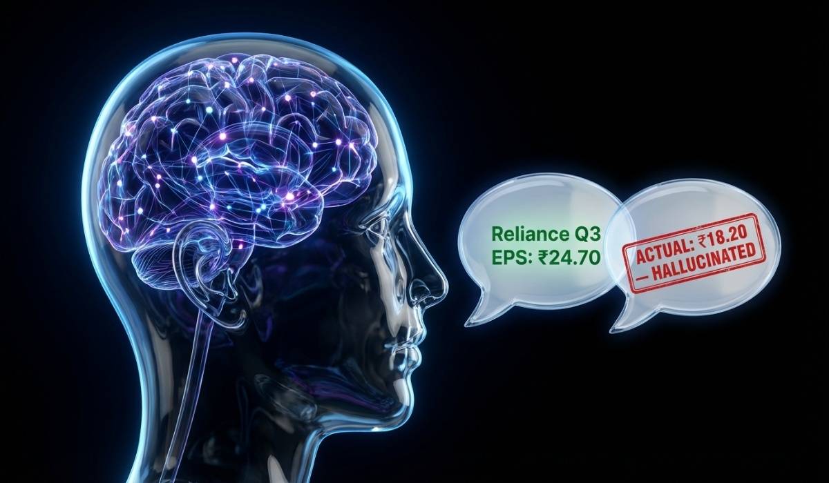 AI हैलुसिनेशन की परिभाषा — गलत वित्तीय आउटपुट का दृश्य चित्रण