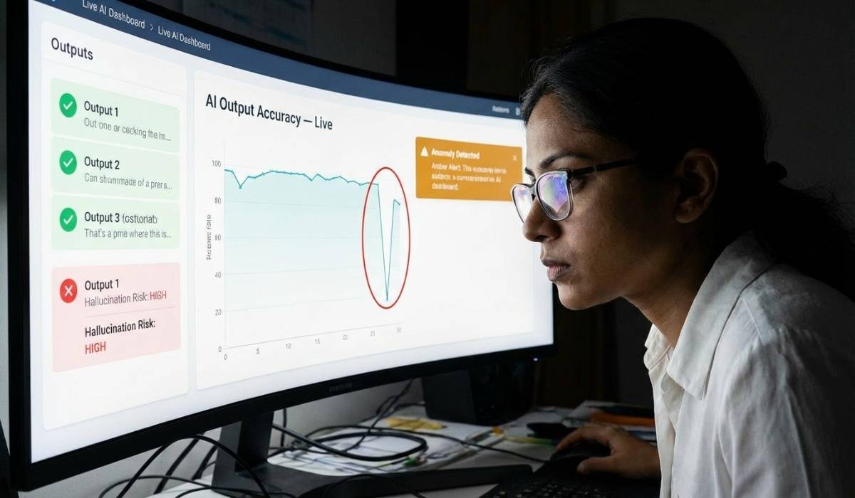 AI आउटपुट मॉनिटरिंग डैशबोर्ड पर हैलुसिनेशन रिस्क अलर्ट — भारतीय वित्तीय AI सुरक्षा