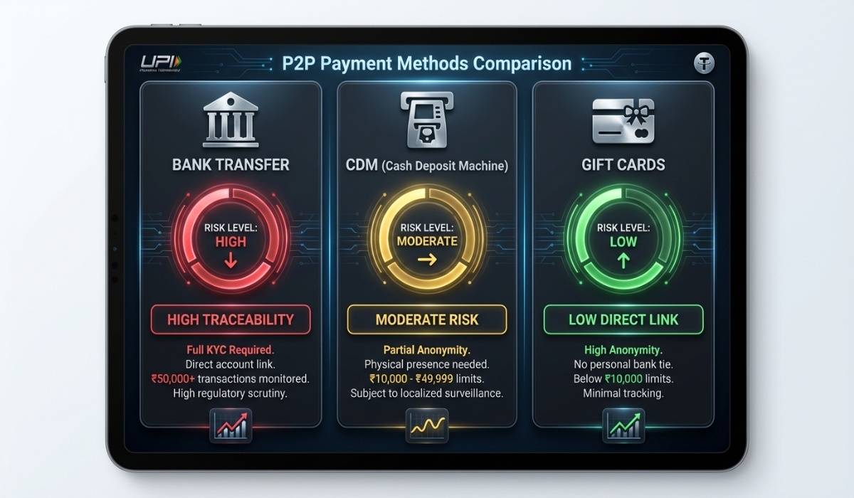 comparison dashboard showing three P2P payment methods side-by-side