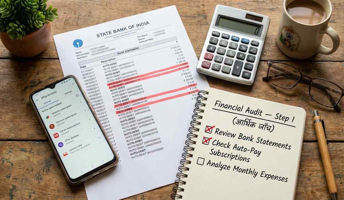 Personal financial audit process showing Indian bank statement review GPay autopay settings and subscription checklist