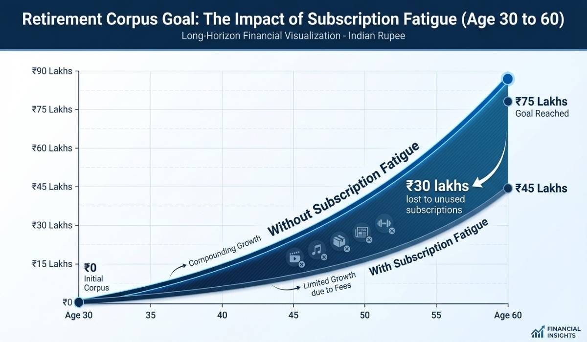 Retirement corpus comparison chart India showing impact of subscription fatigue on long-term wealth at age 60 SIP compounding