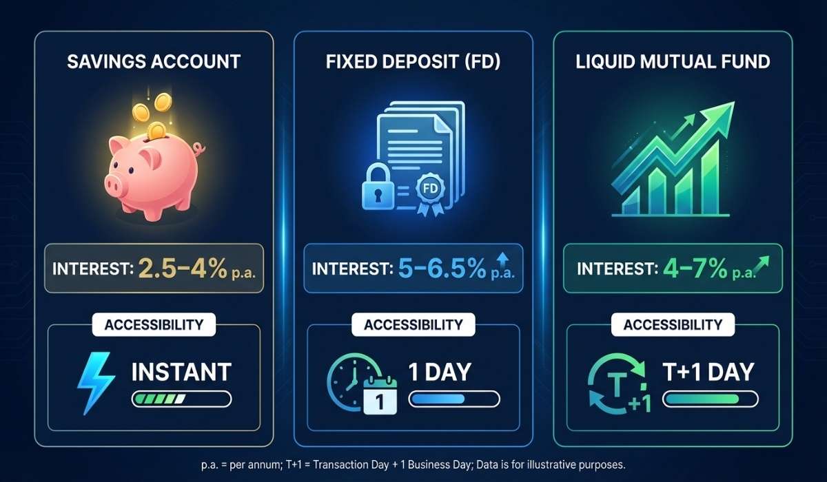 इमरजेंसी फंड के लिए सेविंग्स अकाउंट vs FD vs लिक्विड म्यूचुअल फंड की तुलना