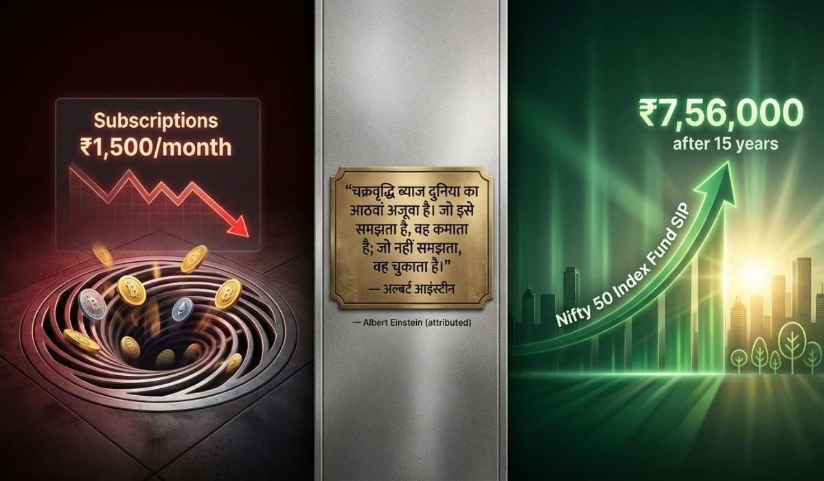 Split comparison showing ₹1500 monthly subscription waste versus Nifty 50 SIP compounding to ₹7.56 lakhs in 15 years