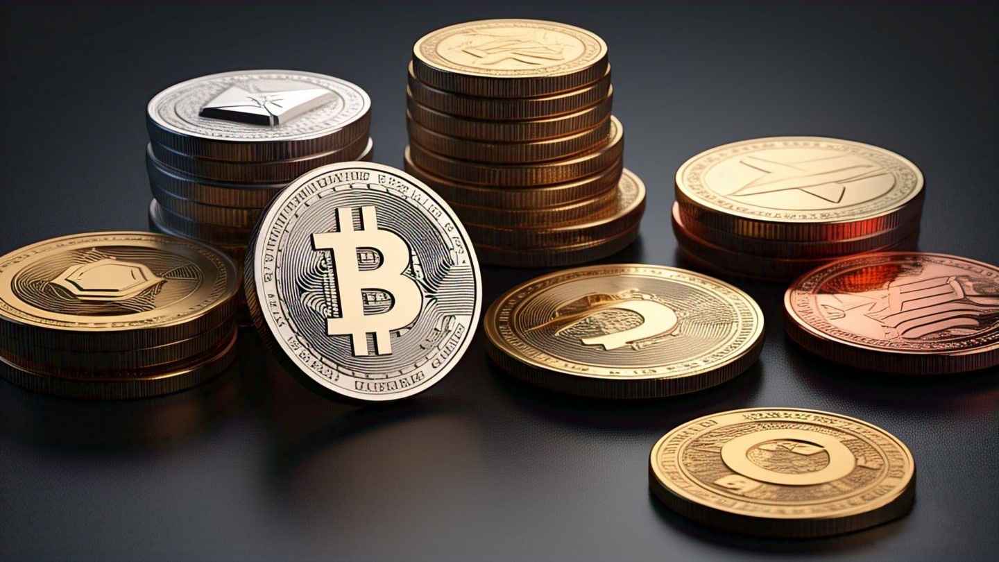 Crypto coins on table