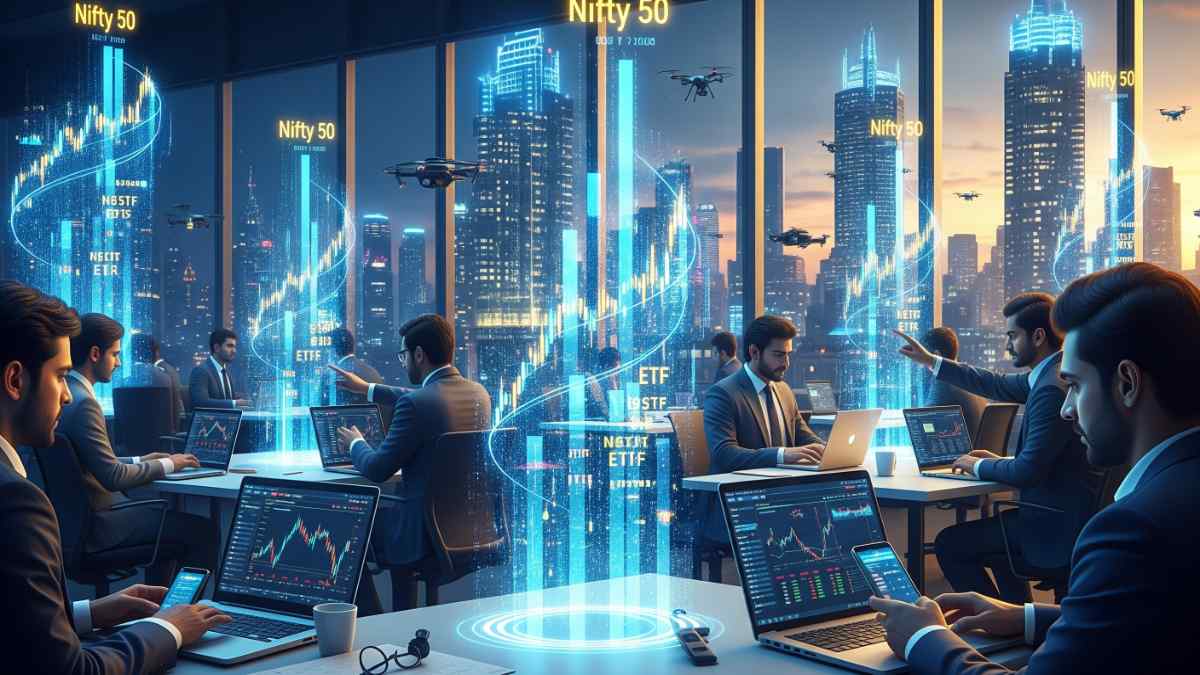 A futuristic Indian stock market scene with glowing digital charts