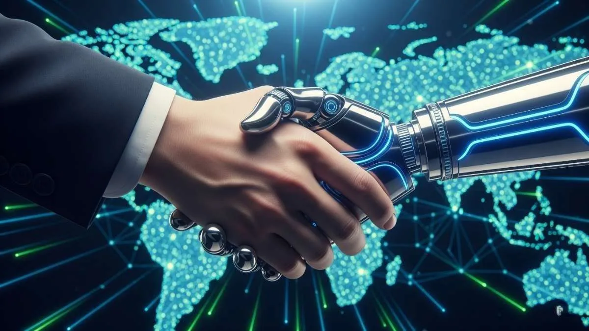 A human hand shaking hands with AI