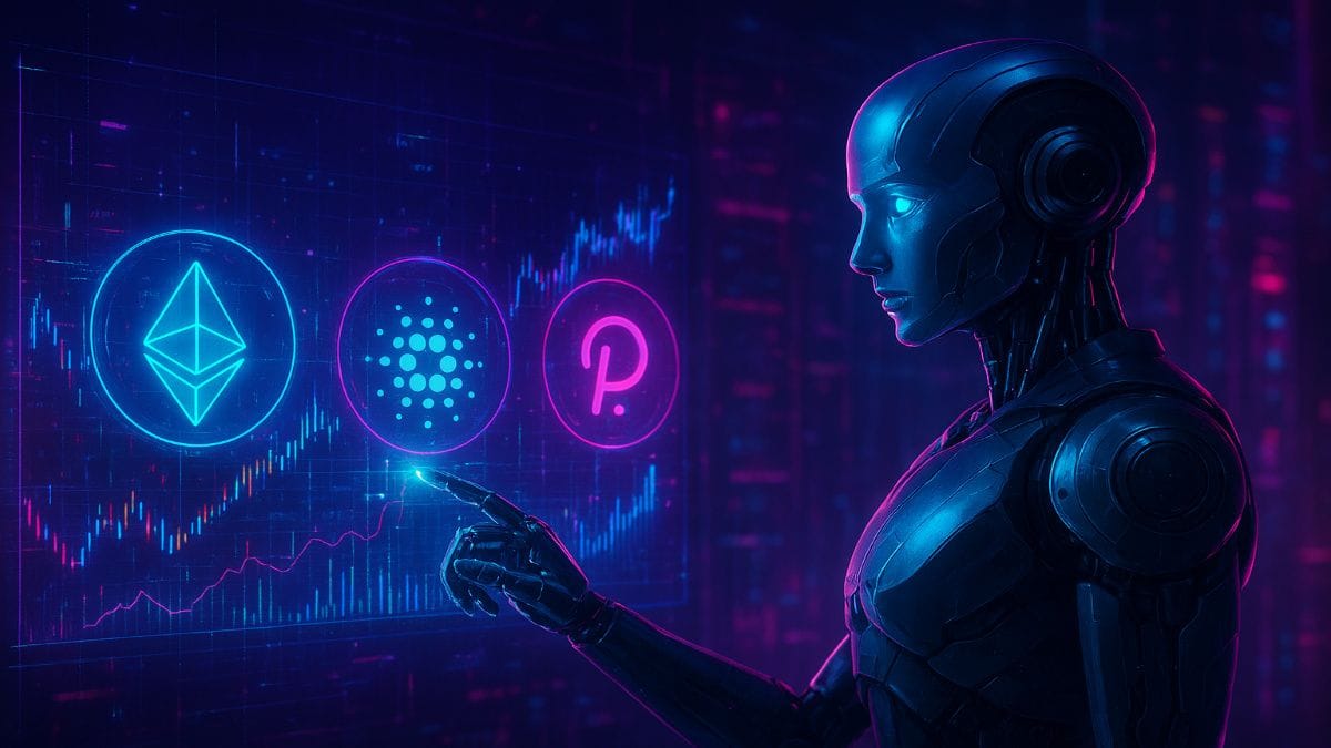 futuristic AI robot scanning holographic crypto charts