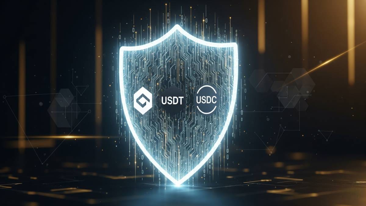 glowing shield made of digital code protecting stablecoin logos