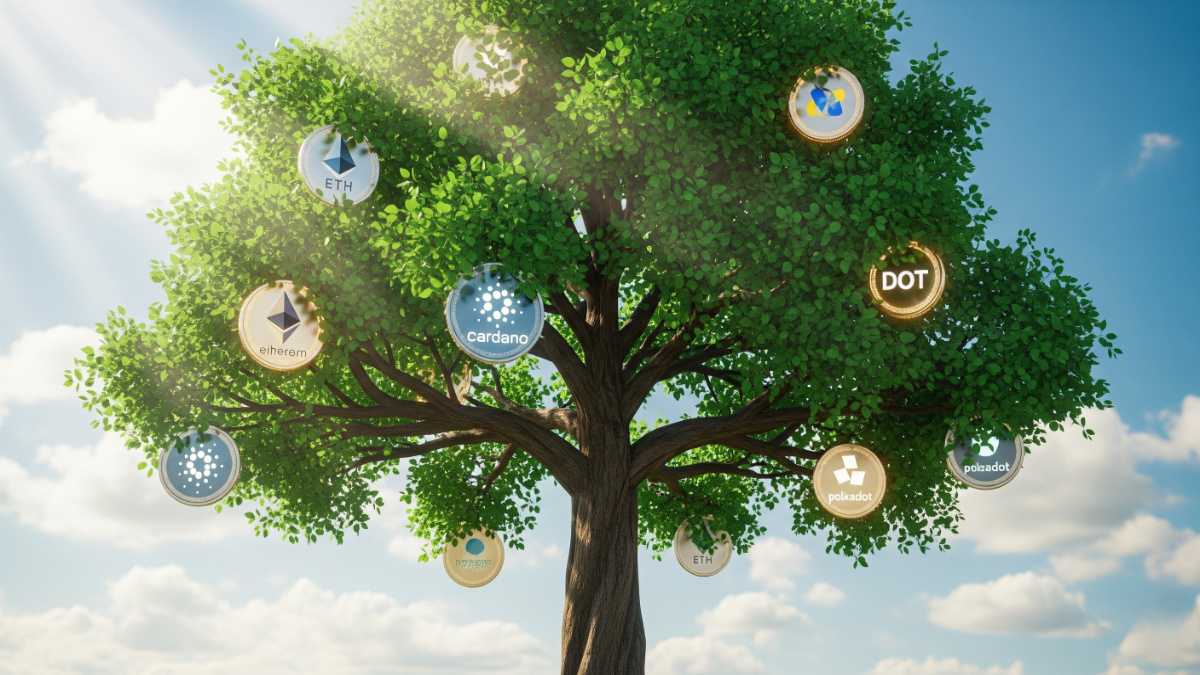 green digital tree with glowing crypto coins