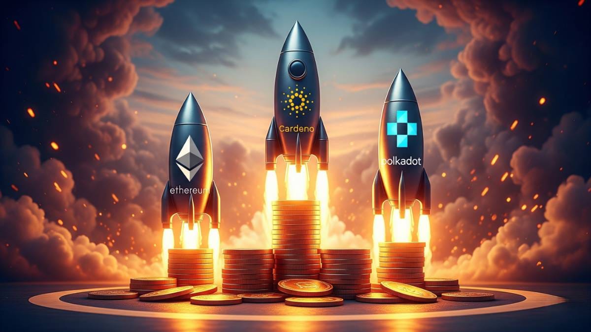 stacks of gold coins transforming into rockets blasting upward