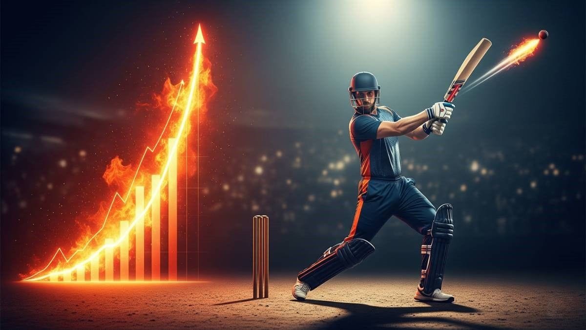 A bold cricket player hitting a dramatic six
