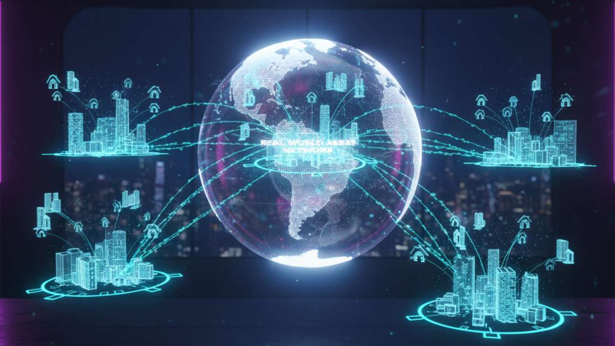 A glowing digital globe connected to major Indian cities through blockchain lines, with holographic property