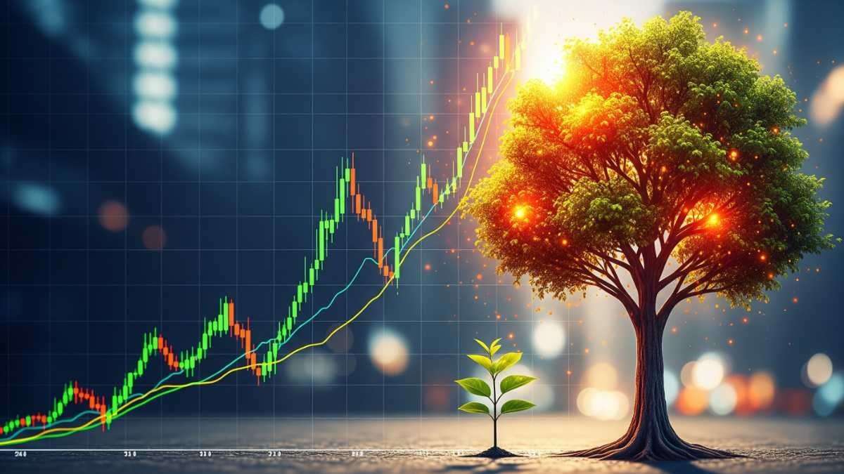 A small sapling growing rapidly into a giant tree beside a stock market graph