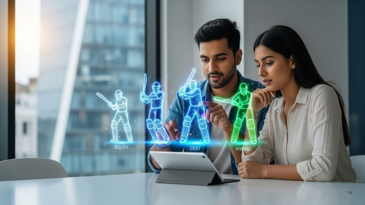 A young Indian couple sitting at a table with a tablet, holographic cricket players