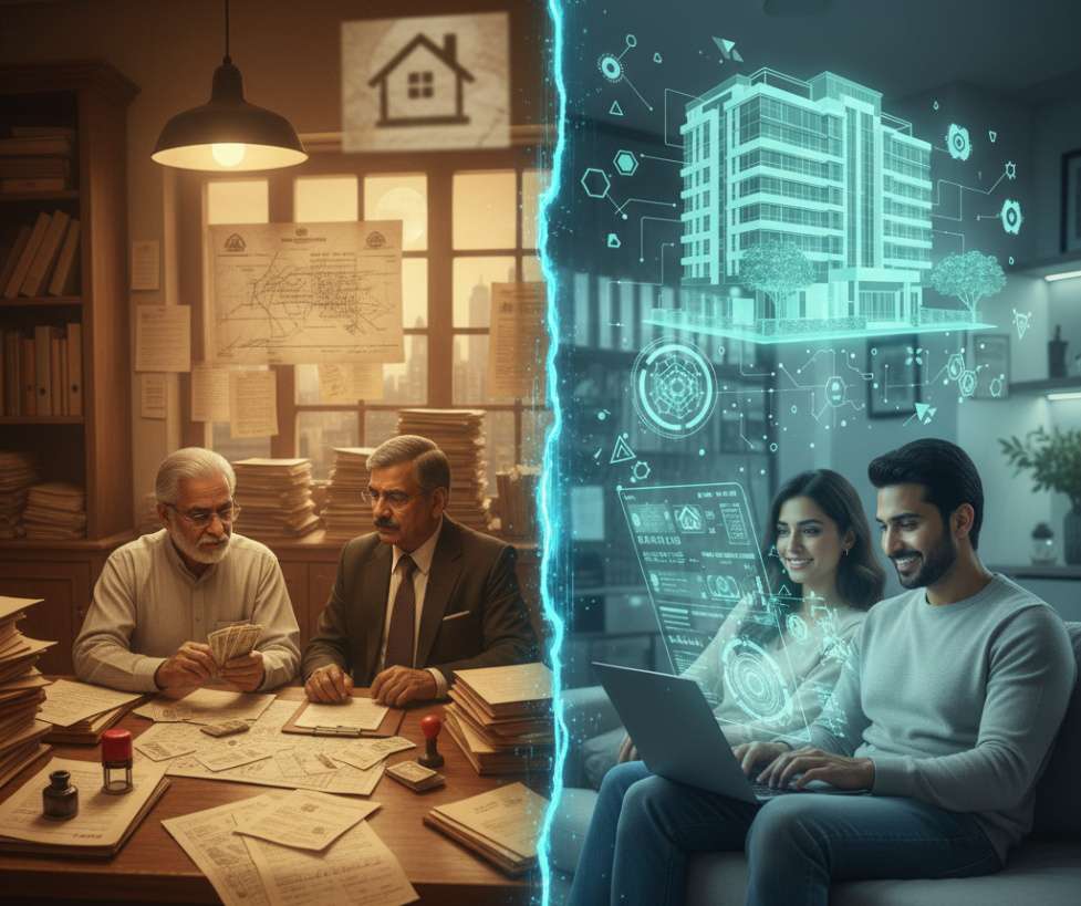 Dynamic comparison image showing old-fashioned paper-based real estate transactions on one side and modern digital blockchain property trading on the other side