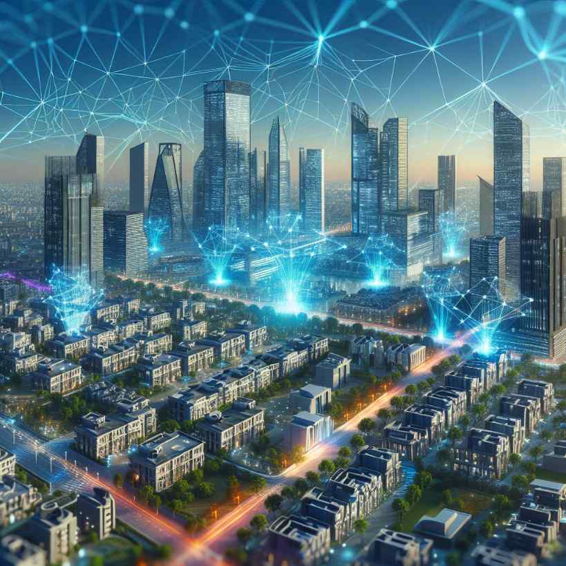 An Indian rural village gradually transforming into a futuristic urban smart city with blockchain network holograms connecting small houses to skyscrapers