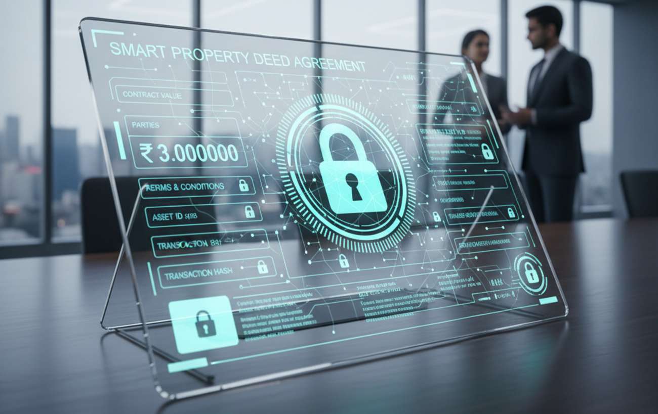 Futuristic smart contract document on a digital blockchain screen