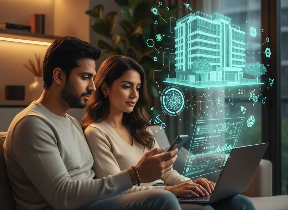 Indian couple using smartphone and laptop to invest in property tokens, digital blockchain symbols and luxury apartment hologram above their devices