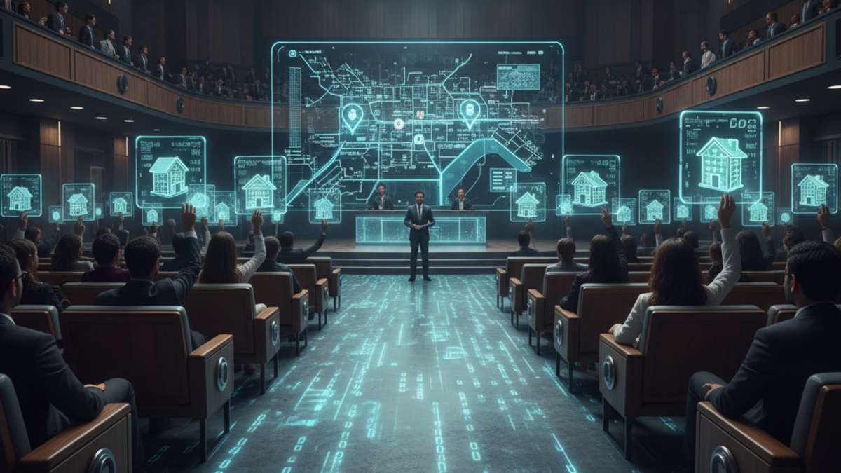 Indian property auction hall where holographic digital property tokens are floating above the bidders' hands