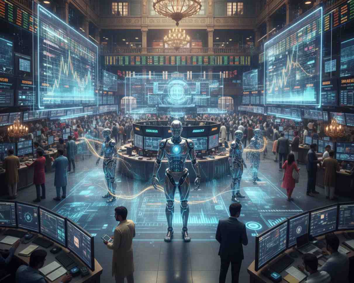 Robots with traders at stock exchange