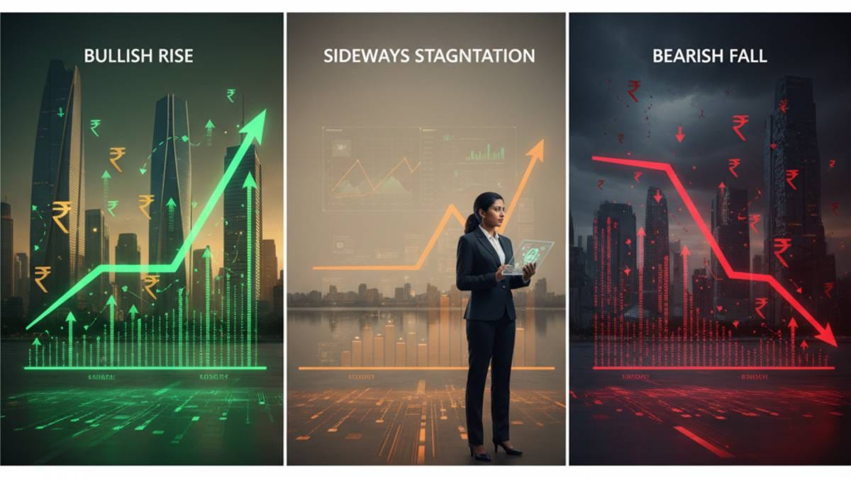 Market  bullish vs sideways vs bearish split screen