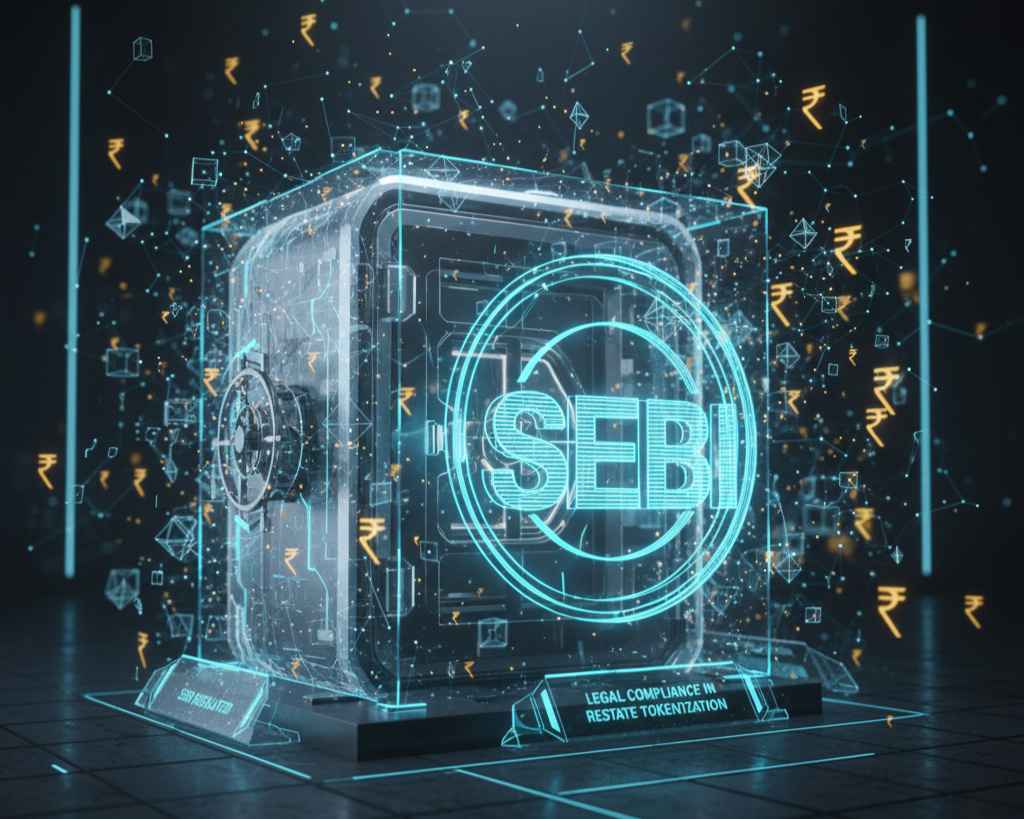 A secure digital vault guarded by futuristic holographic SEBI logo