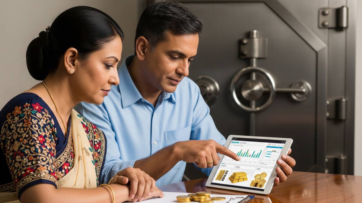 Middle-aged Indian man and woman carefully reviewing gold investment portfolio