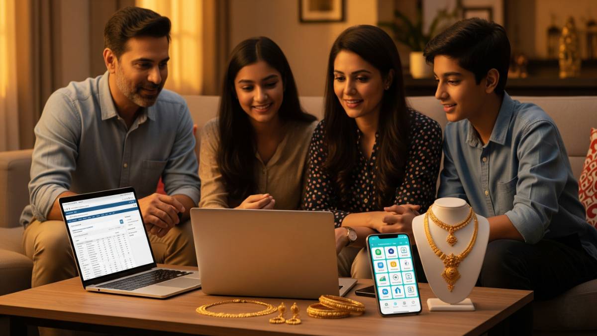 A modern Indian family sitting together, discussing financial planning in gold 