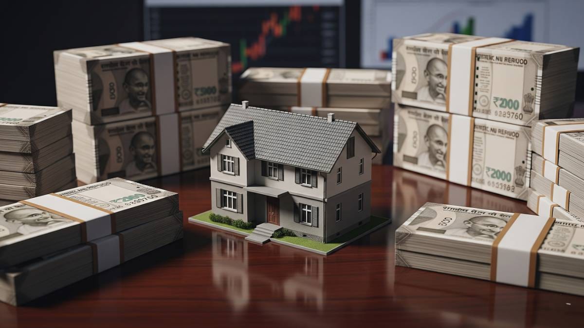 Miniature house surrounded by indian currency notes 