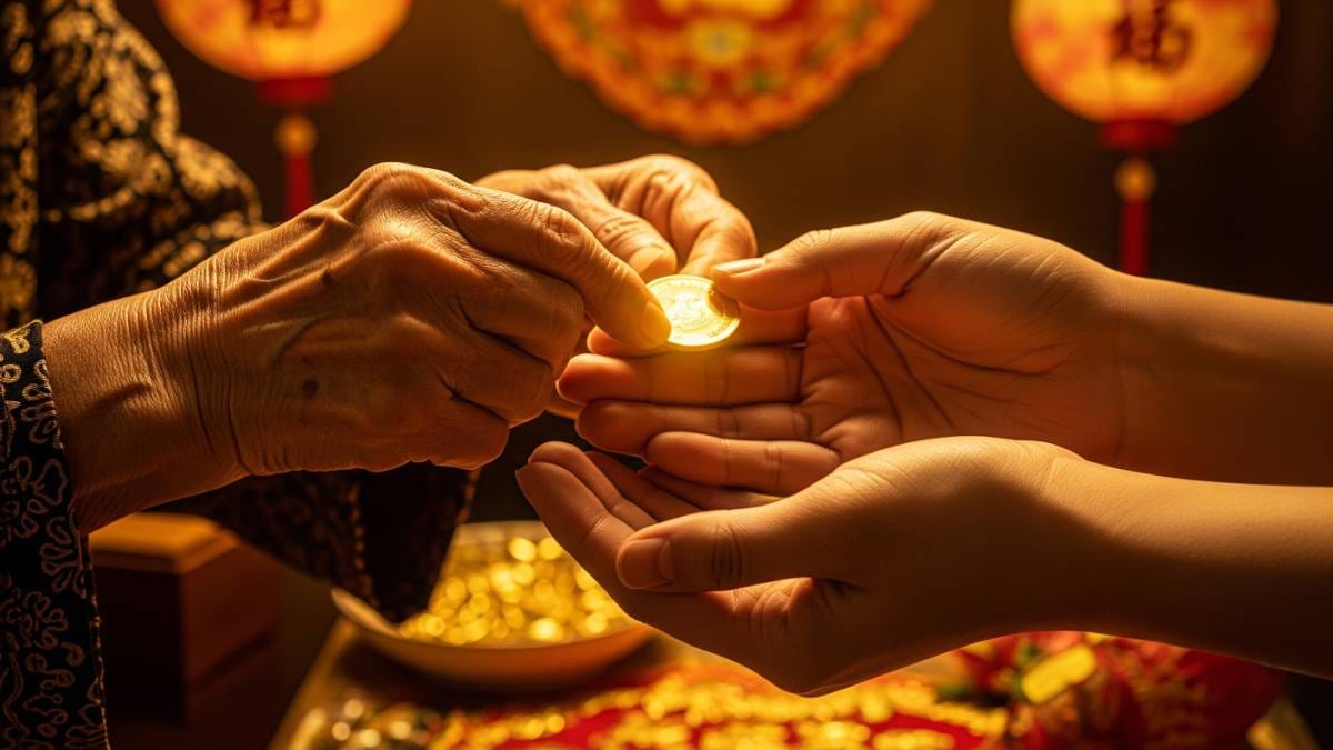 Hands of an elderly person passing a gold coin to the younger generation
