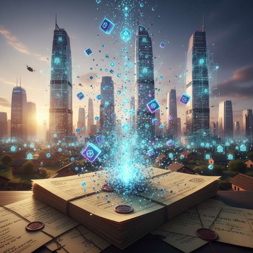 Visual metaphor showing old paper property documents shattering into thousands of glowing blockchain tokens that float towards modern glass skyscrapers