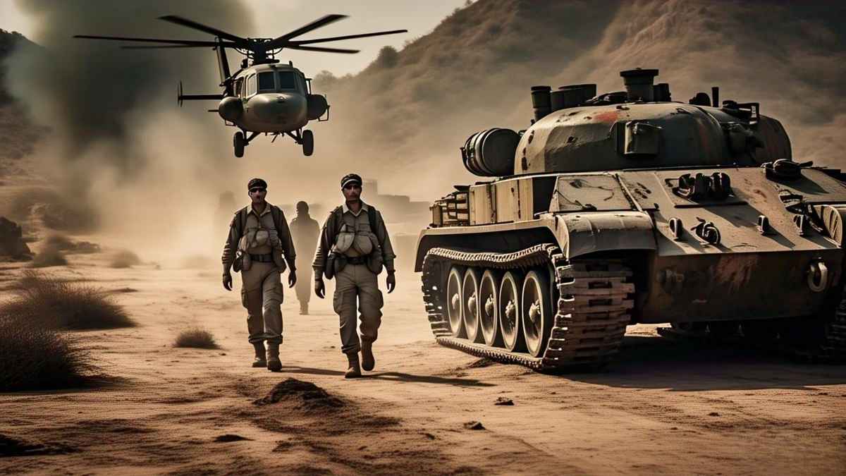 soldiers with tank and helicopter