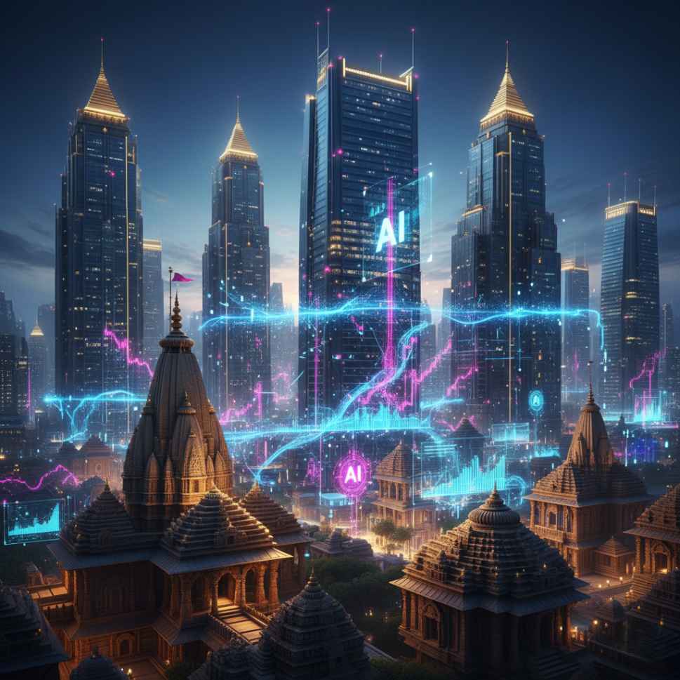 old temples and skyscrapers connected with AI