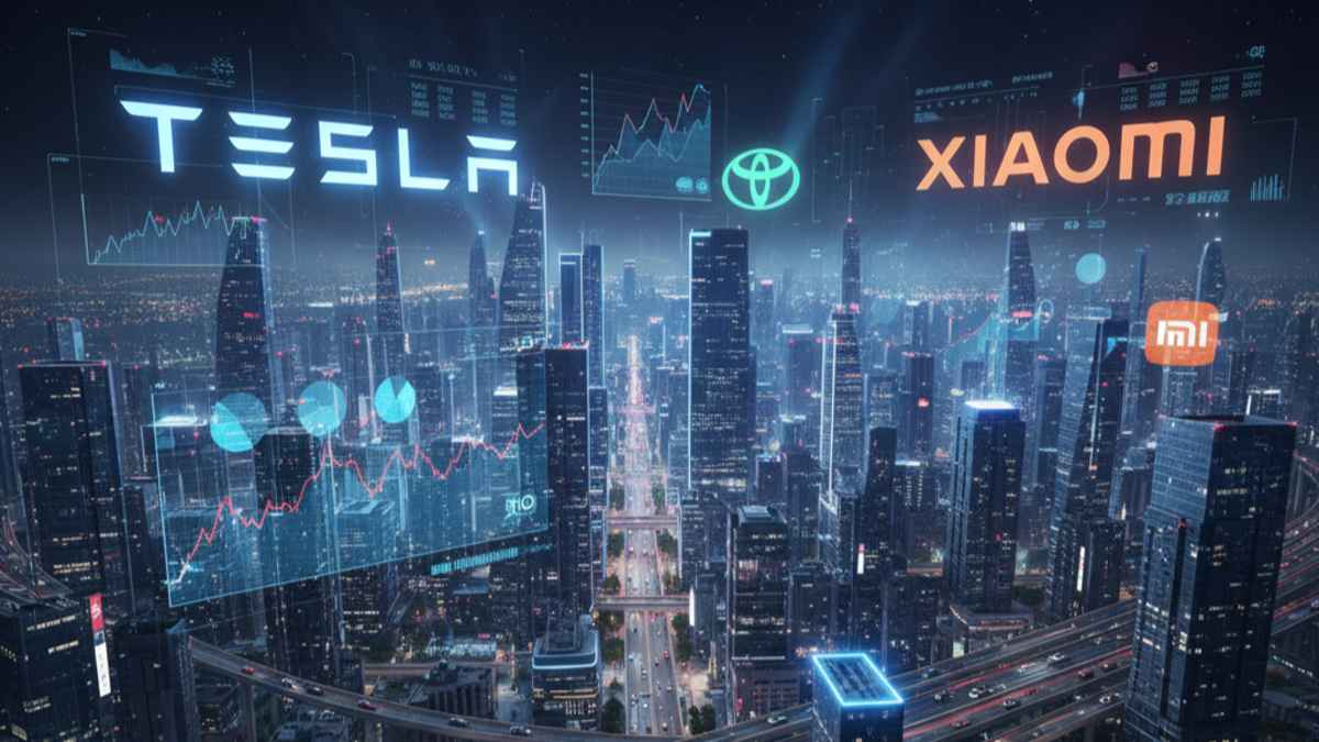 Futuristic global automakers like Tesla and Toyota leading 2025 with electric vehicles and advanced technology.