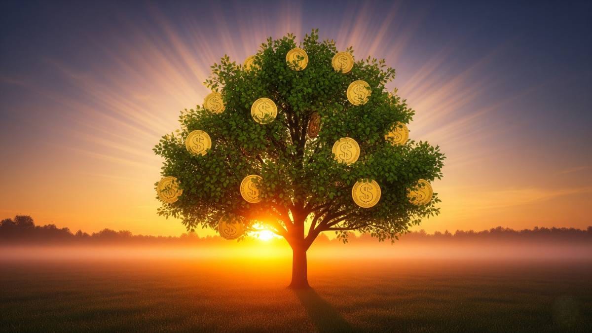 Bright sunrise over a flourishing tree with gold coins as fruits
