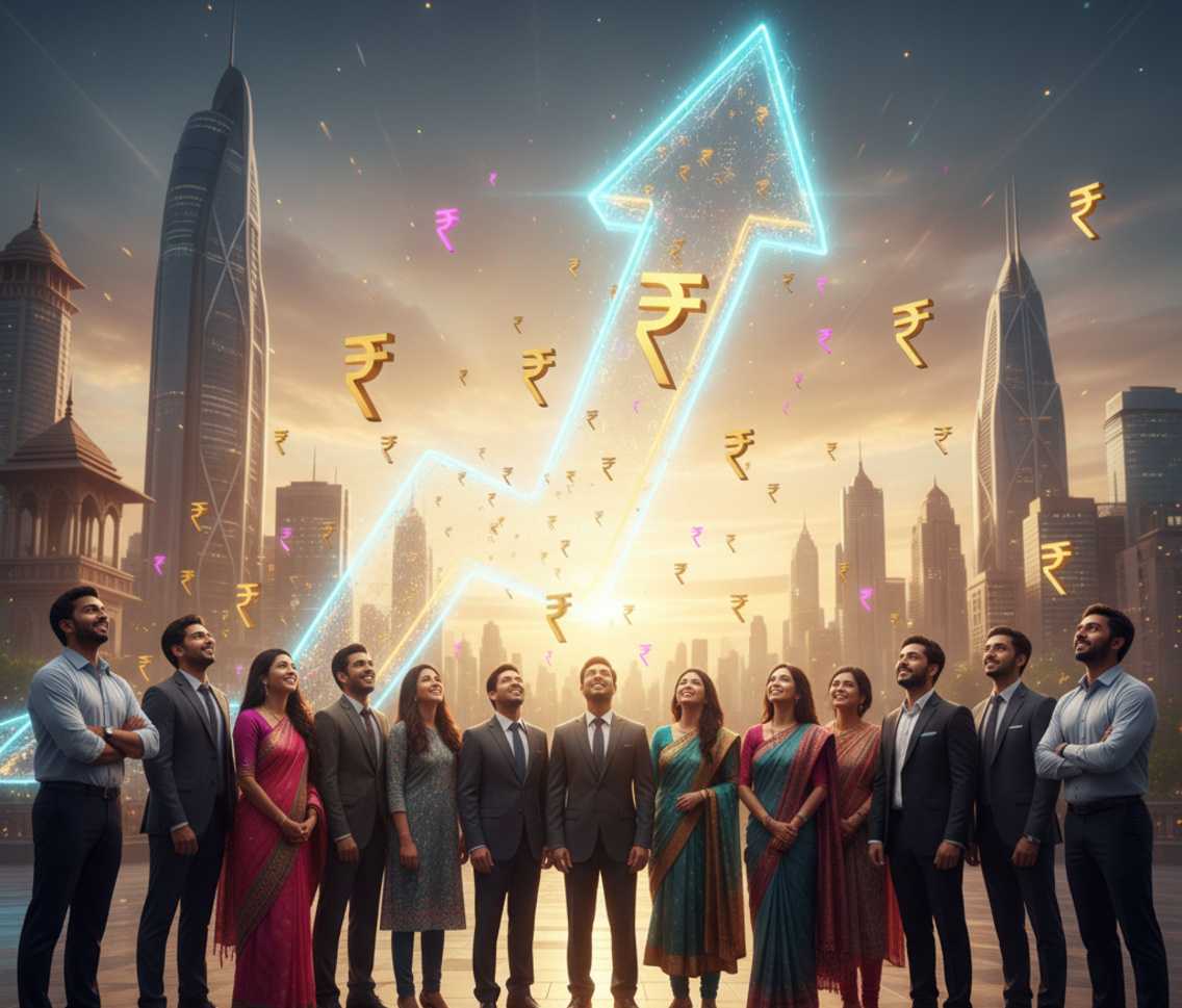 upward rising growth of AI profits with happy traders