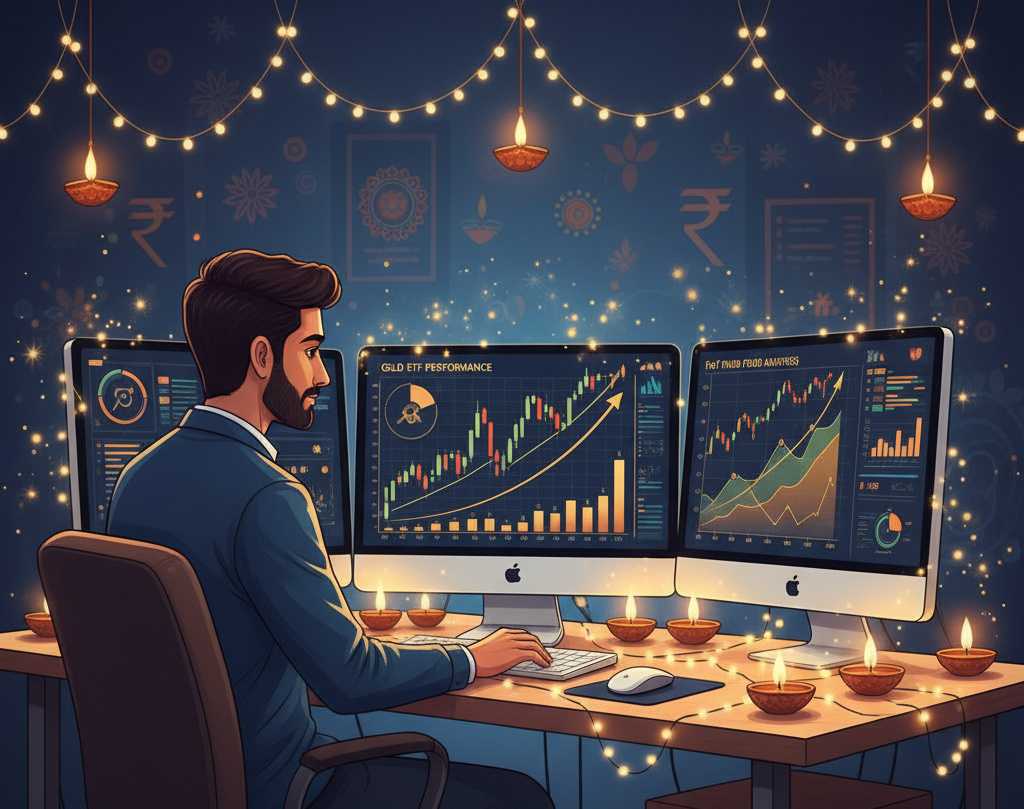 person checking gold charts on screen in diwali setting