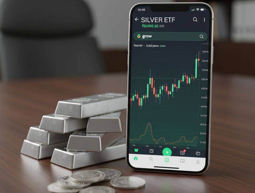 silver etf on smartphone with silver bars and coins