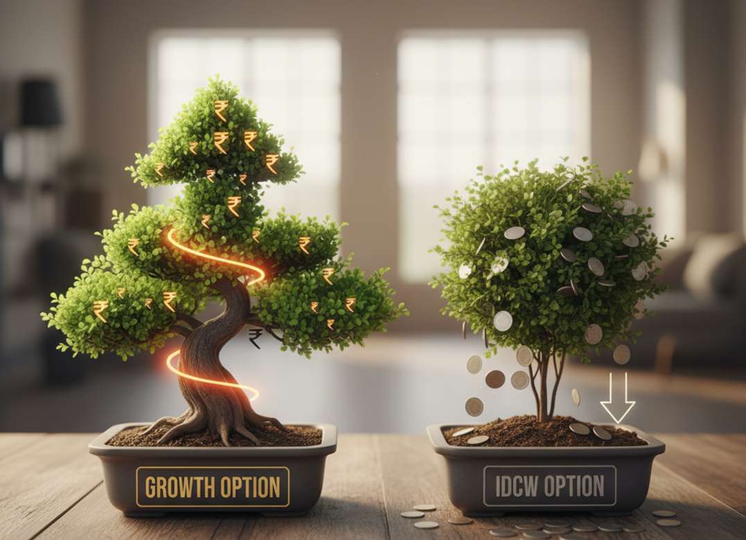 A bonsai tree shaped like upward arrow labeled “Growth Option,” beside a trimmed plant labeled “IDCW” losing leaves. Representing compounding vs withdrawal visually.