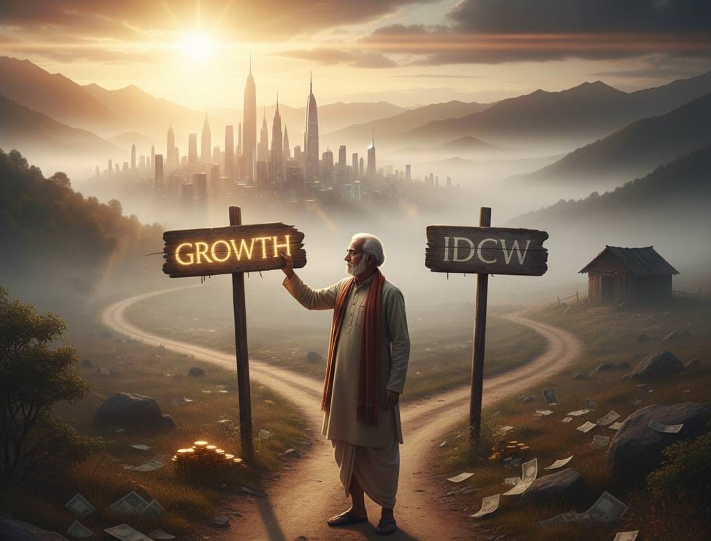 Elderly investor choosing between two paths labeled “Growth” and “IDCW” in a misty sunrise landscape symbolizing financial journey.