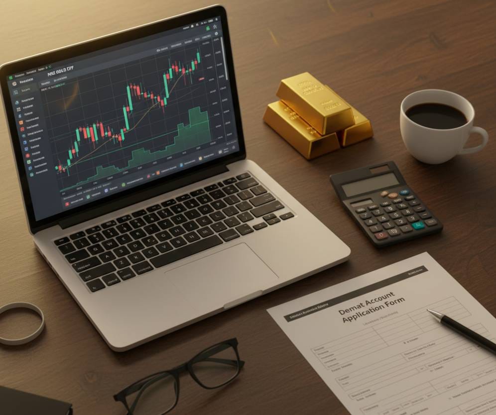 laptop with gold bars and forms on table