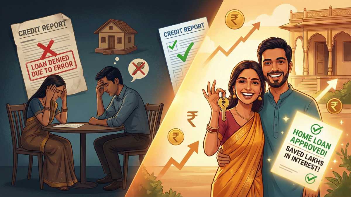 Before-and-after scene of couple fixing credit error for home loan approval / जोडप्याचे क्रेडिट चुका दुरुस्त करण्यापूर्वी आणि नंतरचे दृश्य, होम लोन मंजूरीसाठी