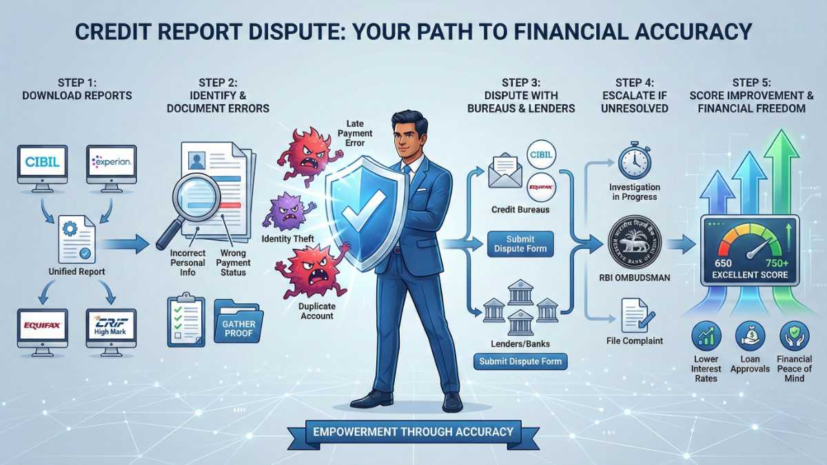 Flowchart of credit report dispute steps from bureaus to RBI Ombudsman / क्रेडिट रिपोर्ट विवाद प्रक्रियेचा फ्लोचार्ट, ब्युरो ते RBI ओंबड्समन पर्यंत