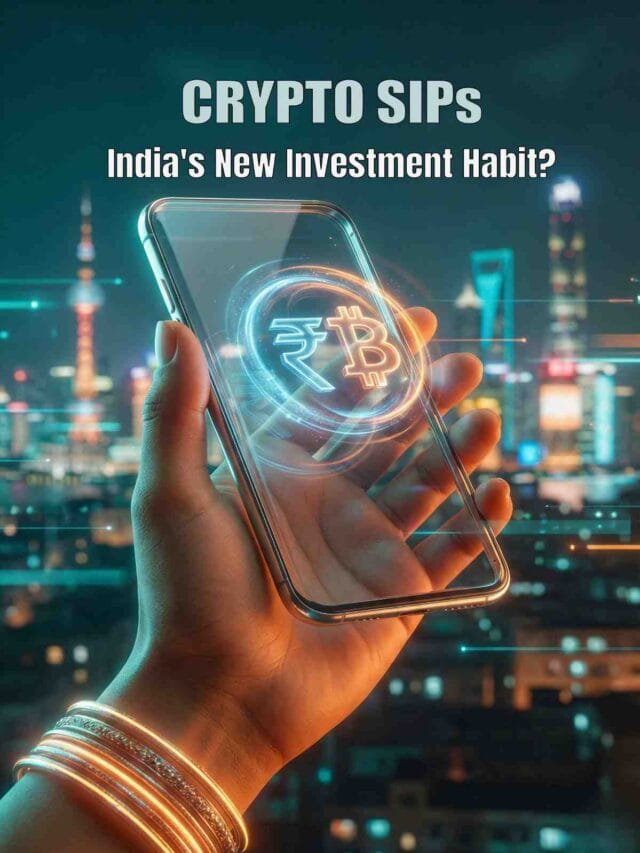 Indian Rupee and Bitcoin logo glowing on a smartphone screen against a night view of the Mumbai skyline.