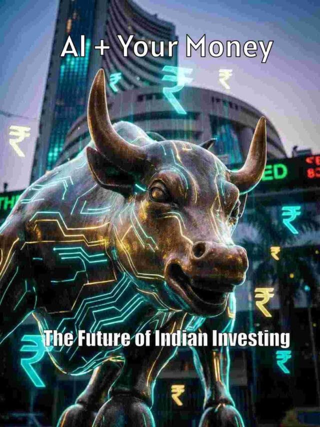 A futuristic, glowing digital charging bull statue in front of the blurred Bombay Stock Exchange building at twilight, symbolizing AI's role in Indian investing.