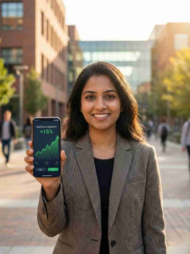 A confident young Indian student holding a smartphone that displays a green, rising stock market growth graph, symbolizing early financial success.
