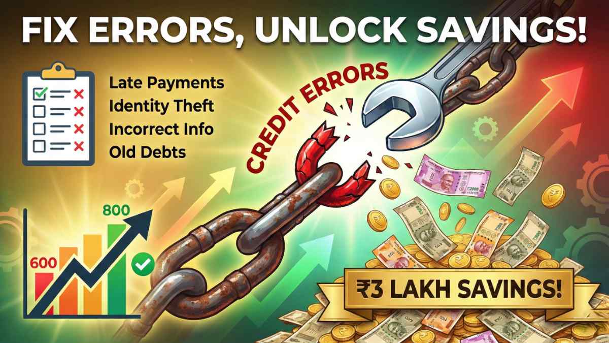 Broken chain of credit errors fixed to reveal rupee savings and rising score graph / क्रेडिट चुका दुरुस्त करून रुपयांची बचत आणि वाढते स्कोअर ग्राफ