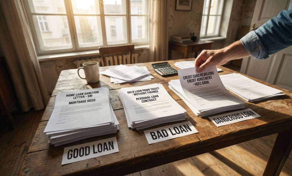 Realistic comparison of Indian loan documents showing good vs bad debt categories.